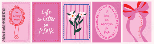 Cute hand drawn posters in shades of pink. Girly wall art with doodle illustrations of bows, mirrors, flowers, scribble borders. Template for card, postcard, social media, t-shirt graphic.