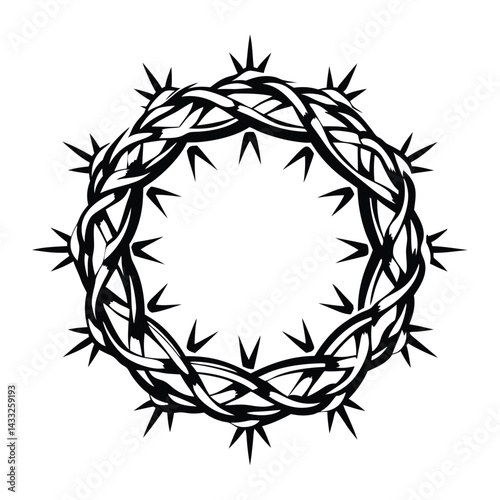 Detailed Black Silhouette of Thorns Circle Isolated on White Background Design Element