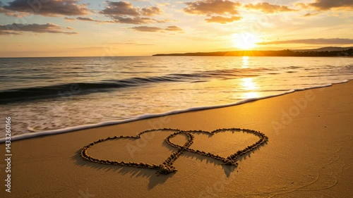 Two hearts drawn in the sand on a beach at sunset, with waves gently washing ashore and the sun setting in the distance