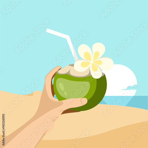 summer vector illustration hand holding coconut