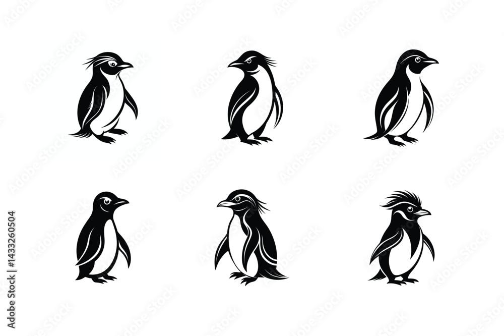 Naklejka premium Rockhopper Penguin bird, silhouette vector illustration