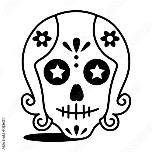 A hand drawn style icon of a sugar skull 
