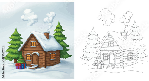 Cozy Cabin in Winter Wonderland: A charming illustration of a cozy log cabin nestled in a serene winter landscape. The cabin, adorned with a snow-covered roof.