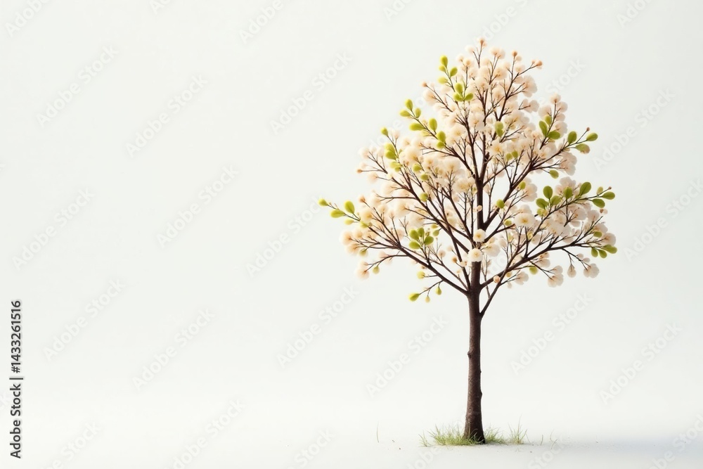 Obraz premium Single young tree, delicate leaves, white backdrop, life, nature
