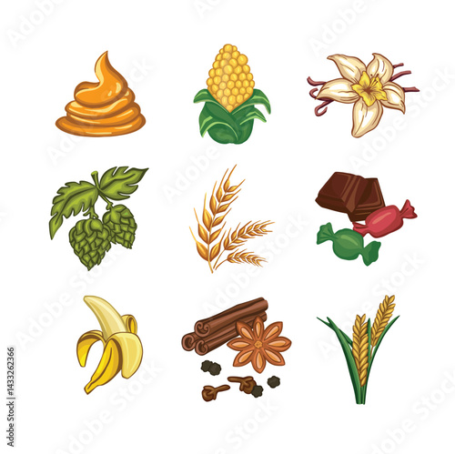 symbols of different flavors: vanilla, chocolate, rye, caramel