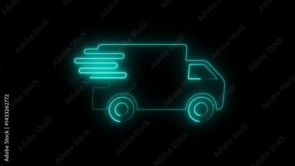 Animated neon truck icon for fast shipping and transport motion on black background.4k video 