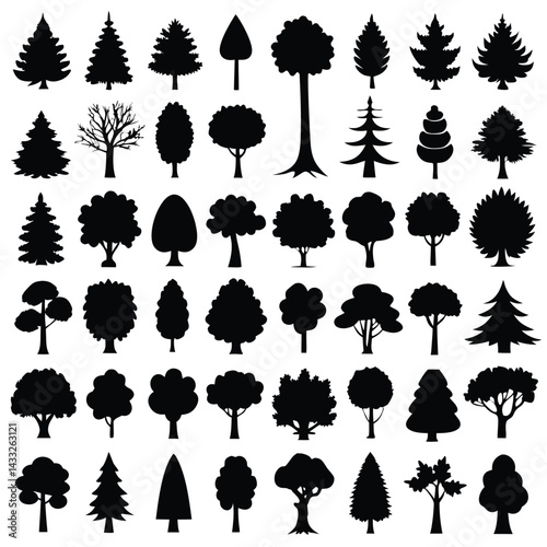 set of silhouettes of trees