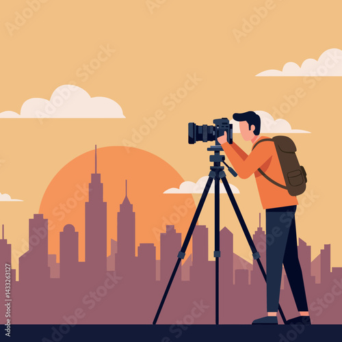 Photographer capturing city skyline with sunset background and backpack vector illustration 