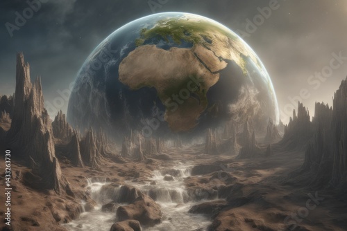 Wallpaper Mural AI-generated surreal landscape with Earth in the background, featuring rocky terrain Torontodigital.ca