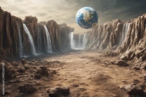 Wallpaper Mural AI-generated surreal landscape with cascading waterfalls and a floating Earth in a dramatic sky. Torontodigital.ca