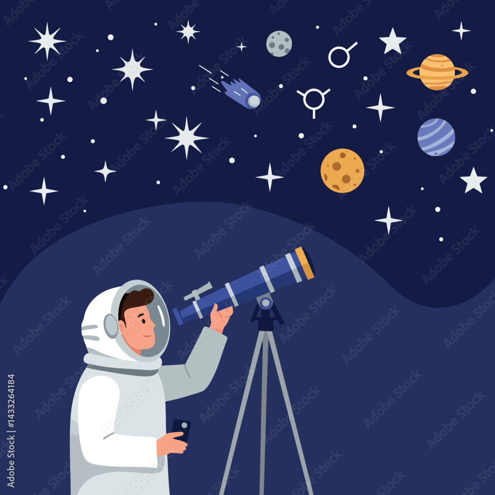 Naklejka premium Astronomer looking through telescope at stars planets and meteor in dark night sky vector illustration 
