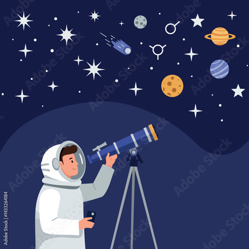 Astronomer looking through telescope at stars planets and meteor in dark night sky vector illustration 
