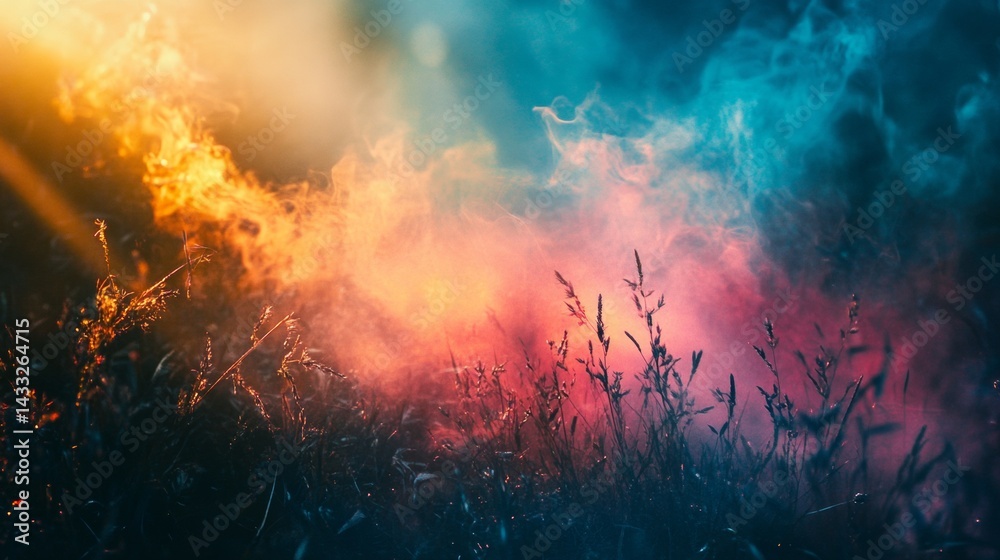 Naklejka premium Abstract colorful smoke over grassy landscape