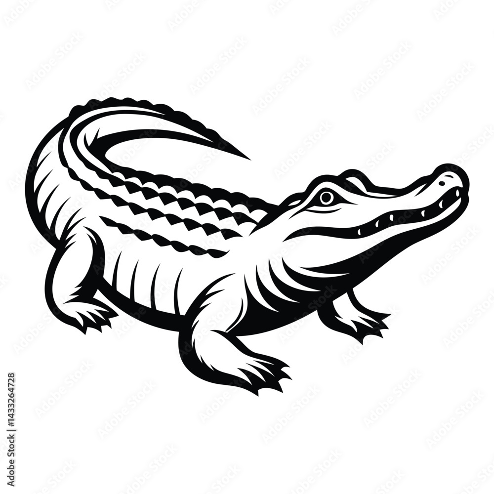 Fototapeta premium Stylized Alligator Illustration, Black and White Crocodile Design, Reptile Creature