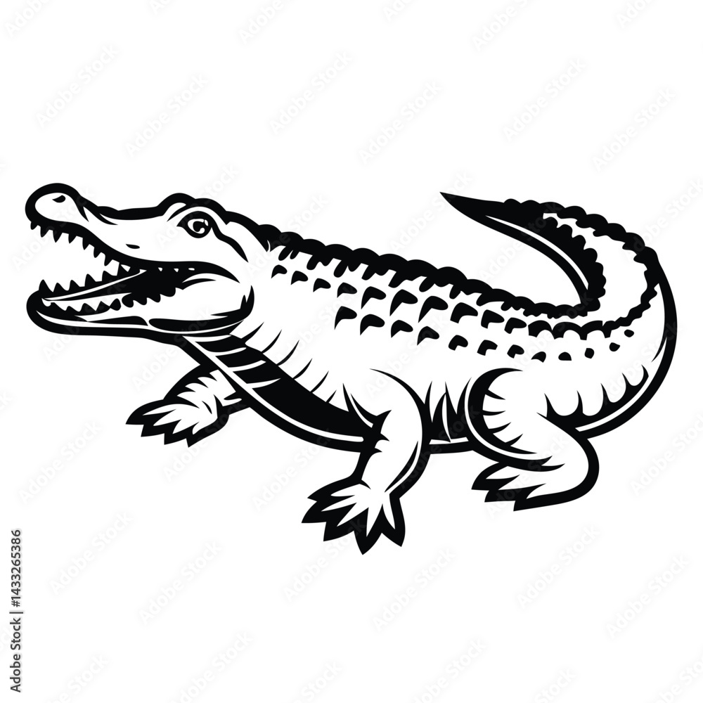 Naklejka premium Alligator with Open Mouth Silhouette in Black and White on Isolated Background