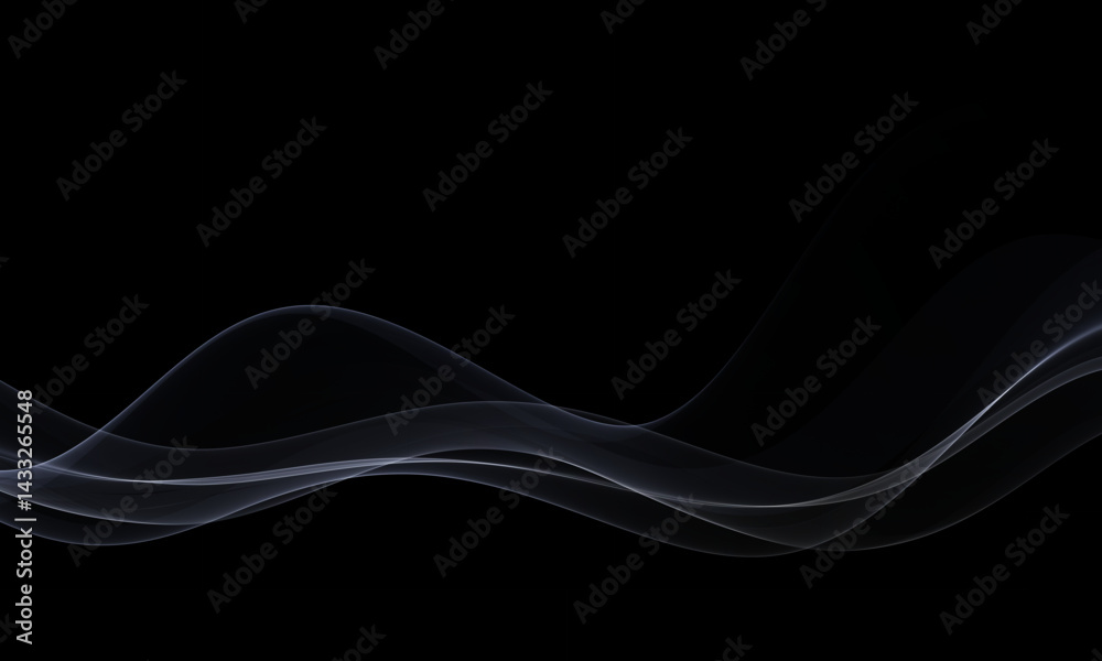 Abstract, flowing, transparent design element in the form of a wave. The wave moves in a curved smoky flow.