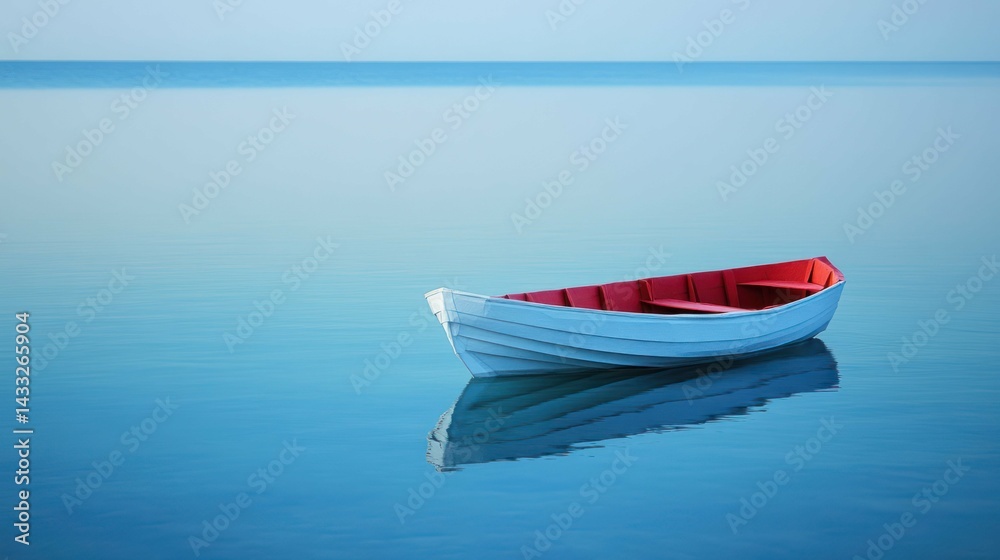Fototapeta premium Rowboat floats peacefully water reflecting serene scene calmness simplicity and invitation personal introspection.