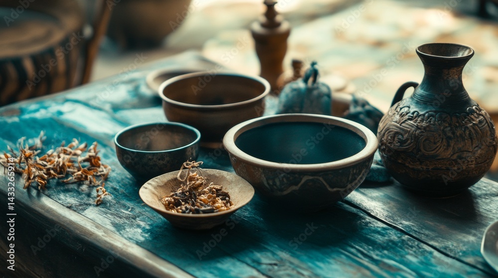 Rustic tea ceremony setup with herbs Rustic tea ceremony setup with herbs