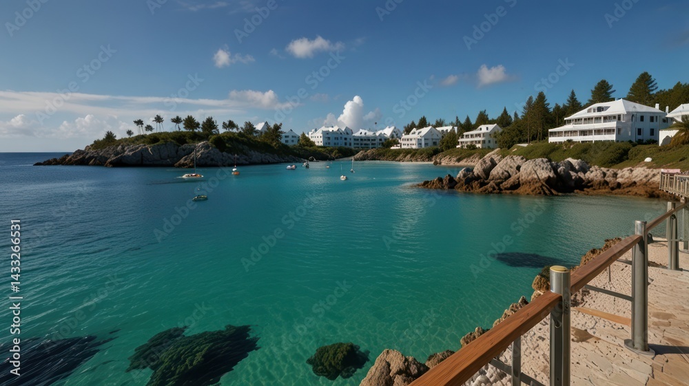 Obraz premium Calm bay, white houses, turquoise water, sunny day, idyllic vacation