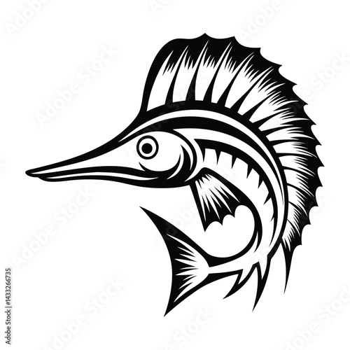 Black Silhouette of Sailfish on White Background, Marine Fish Outline 80