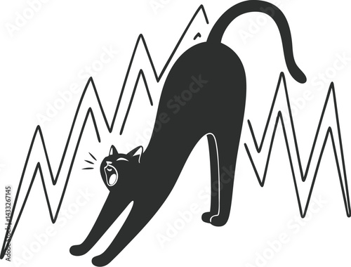 Stretching Black Cat Yawning Cartoon Illustration with Sound Waves