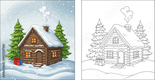 Cozy Cabin in Winter: A charming cabin nestled in a snowy landscape, exuding warmth with smoke gently rising from its chimney amidst a picturesque winter scene.