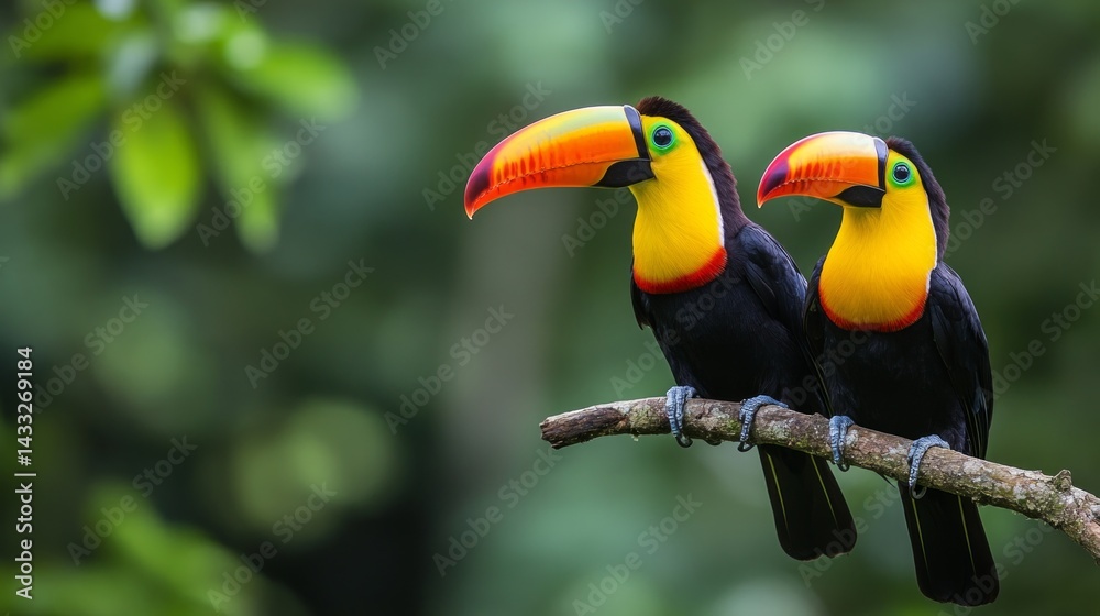 Fototapeta premium Two brightly colored toucans on a branch in a rainforest, perfect for nature or environmental design projects.