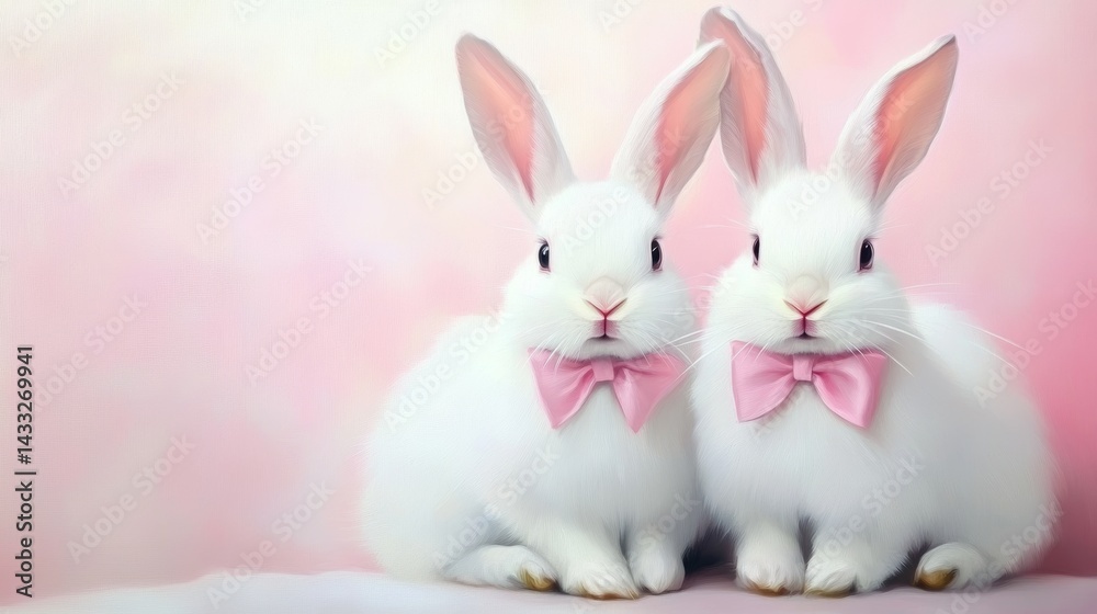 Obraz premium Two adorable white rabbits with pink bows sit side by side on a gentle pink backdrop, creating a charming sight