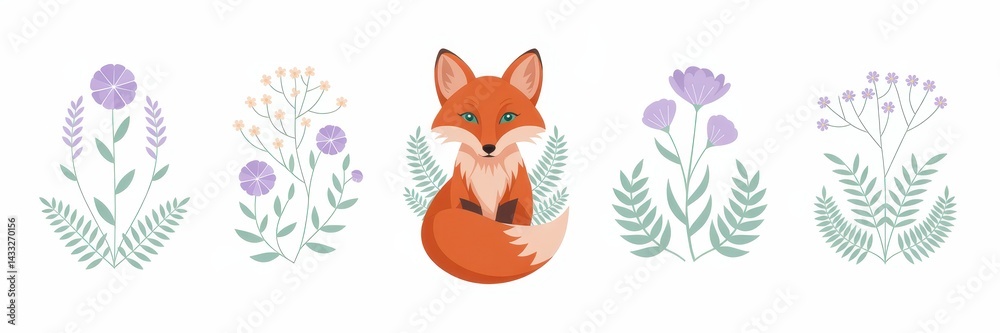 Fototapeta premium Cute fox surrounded by floral elements