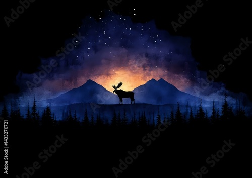 Silhouette of majestic deer standing between mountain peaks against starry night sky with glowing sunset and forest treeline in dark blue tones.