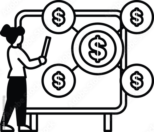 woman is standing in front of a white board with a dollar sign in the center