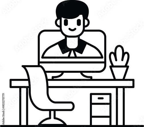 man is sitting at a desk with a computer monitor and a potted plant
