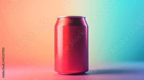 Radiant Red Can: A vibrant close-up of a sleek red can, bathed in the warm glow, exuding freshness and refreshment.
