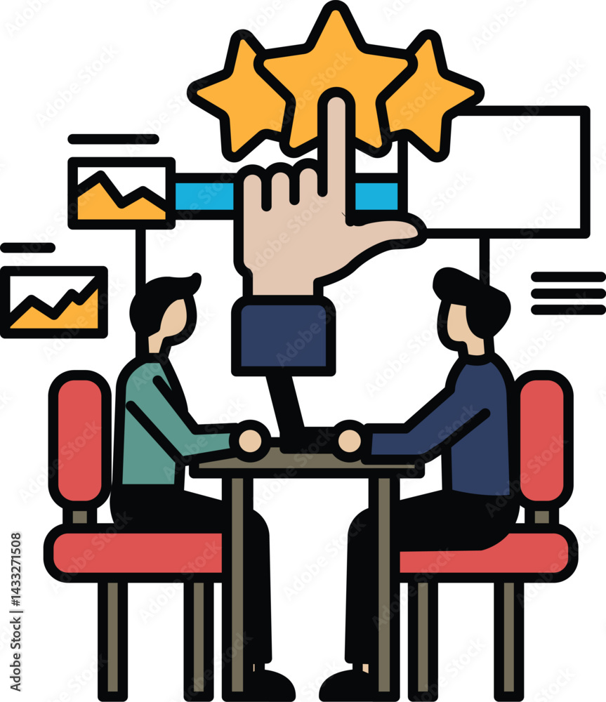 Two men sitting at a table with a hand pointing to a star Two men sitting at a table with a hand pointing to a star