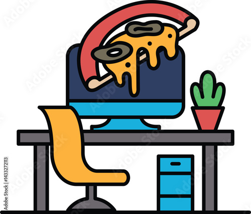 A computer monitor is covered in melted cheese and pepperoni