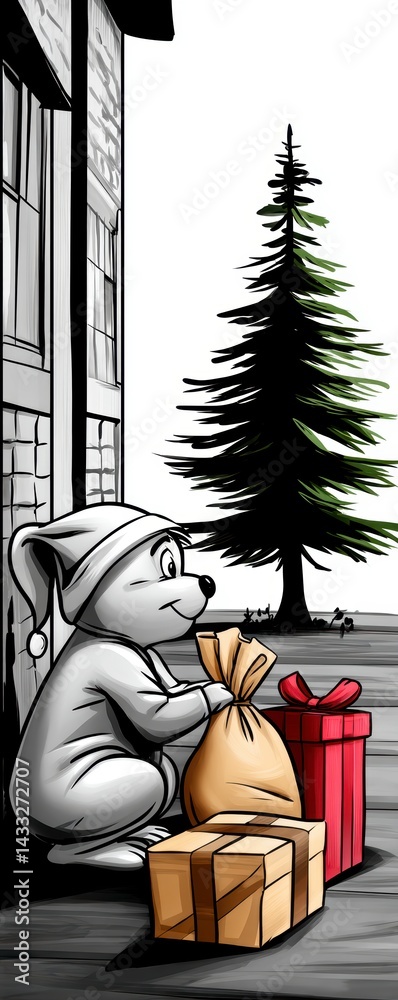 Festive bear delivering gifts winter wonderland illustration outdoor side view holiday spirit