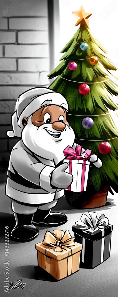 Festive holiday celebration with santa claus and christmas tree indoor cartoon art cheerful ambiance playful perspective