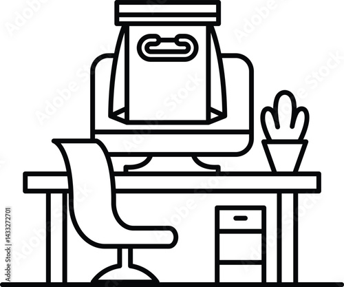 computer monitor is on a desk with a bag on top of it