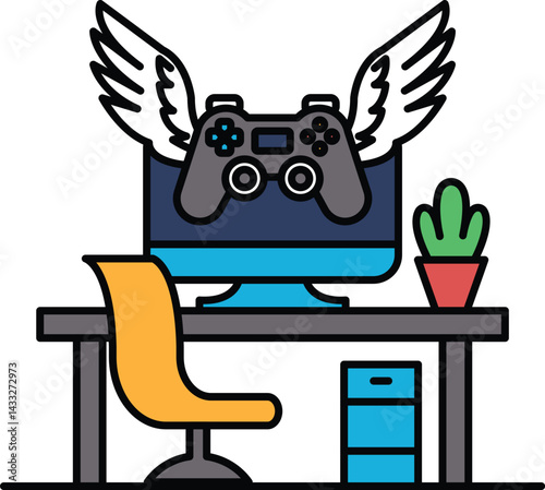 A computer monitor with a controller on top of it and wings above it