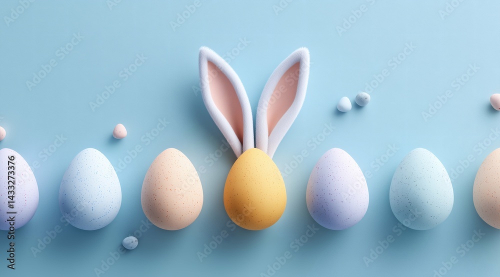 Bunny ear egg among pastel speckled eggs, Cute yellow Easter egg stands out, Playful spring composition with copy space