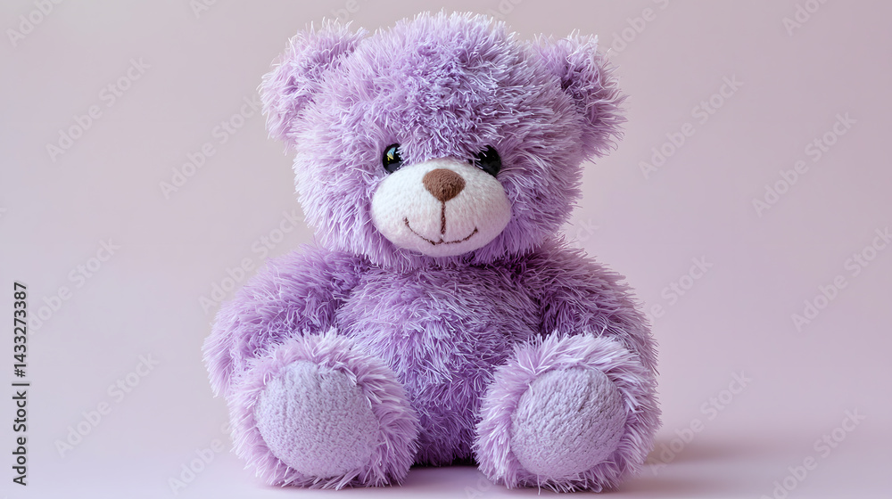 Obraz premium Sweet Lavender Companion: A fluffy, lavender-colored teddy bear sits with a gentle smile against a pastel pink backdrop, exuding warmth and comfort. 