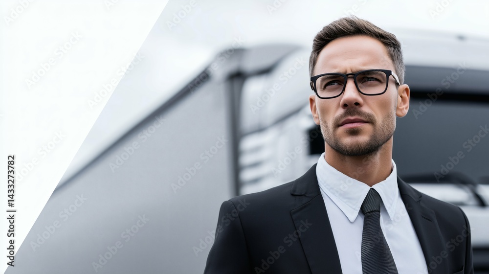 Businessman near logistics truck, Confident man in suit, Transportation management concept