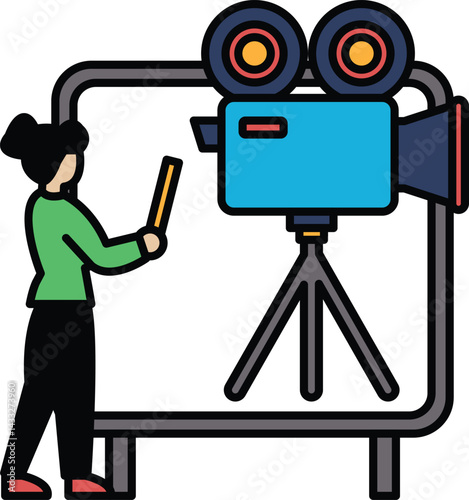 A woman is holding a camera and standing in front of a white board