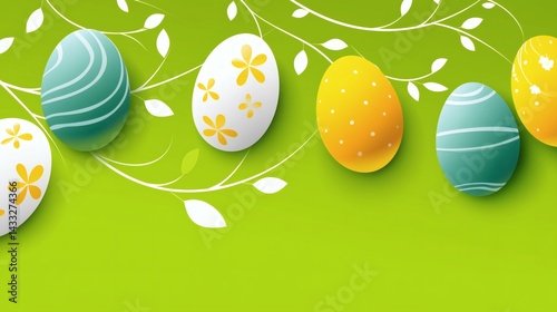 Decorative Easter eggs on green, Colorful holiday design with spring elements, Festive seasonal greeting card image