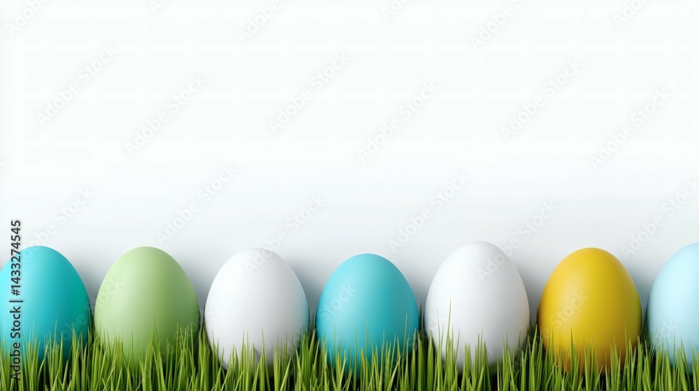 Easter eggs in grass on white background, Clean spring holiday design, Pastel and natural colors for festive layout