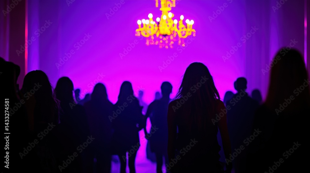 People silhouetted at a purple lit event under a chandelier People silhouetted at a purple lit event under a chandelier