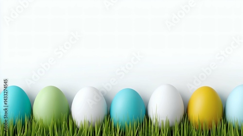 Obraz na płótnie Easter eggs in grass on white background, Clean spring holiday design, Pastel and natural colors for festive layout w salonie