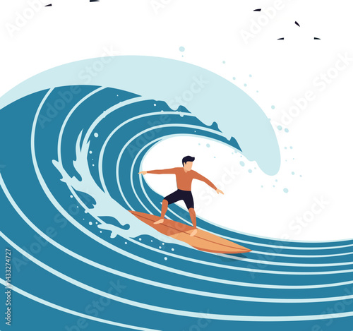 Surfer riding large blue ocean wave in dynamic water sport scene vector illustration 