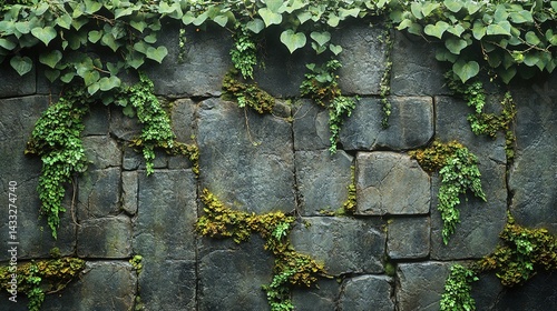 Textured Stone Wall with Lush Greenery and Natural Vines Growing