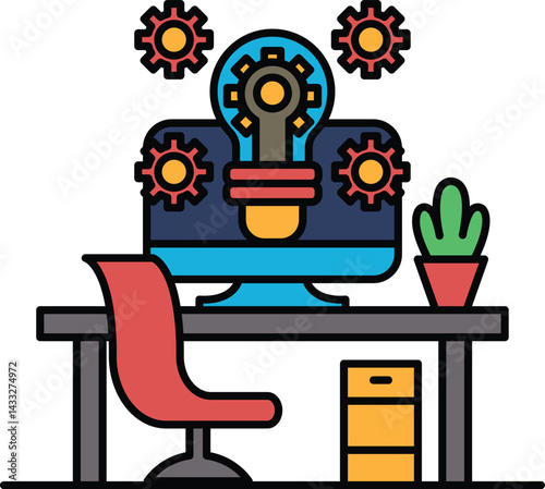 A computer monitor with a light bulb on it and a bunch of gears surrounding it